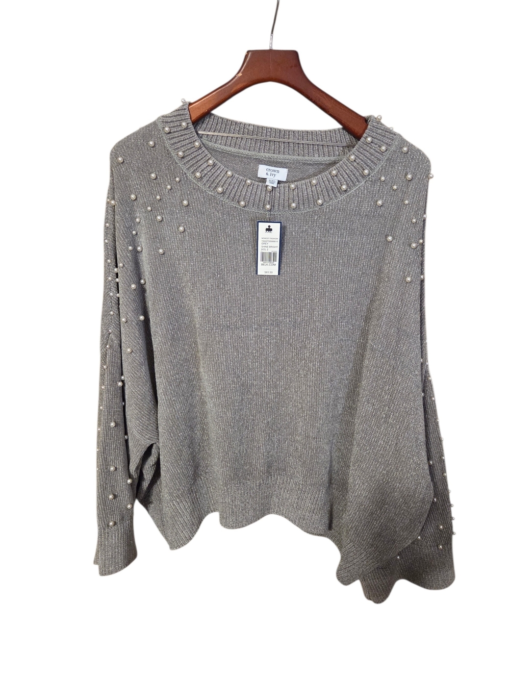 NWT crown & ivy Pearl-Embellished Metallic Gray Crewneck Sweater- Size 2XL